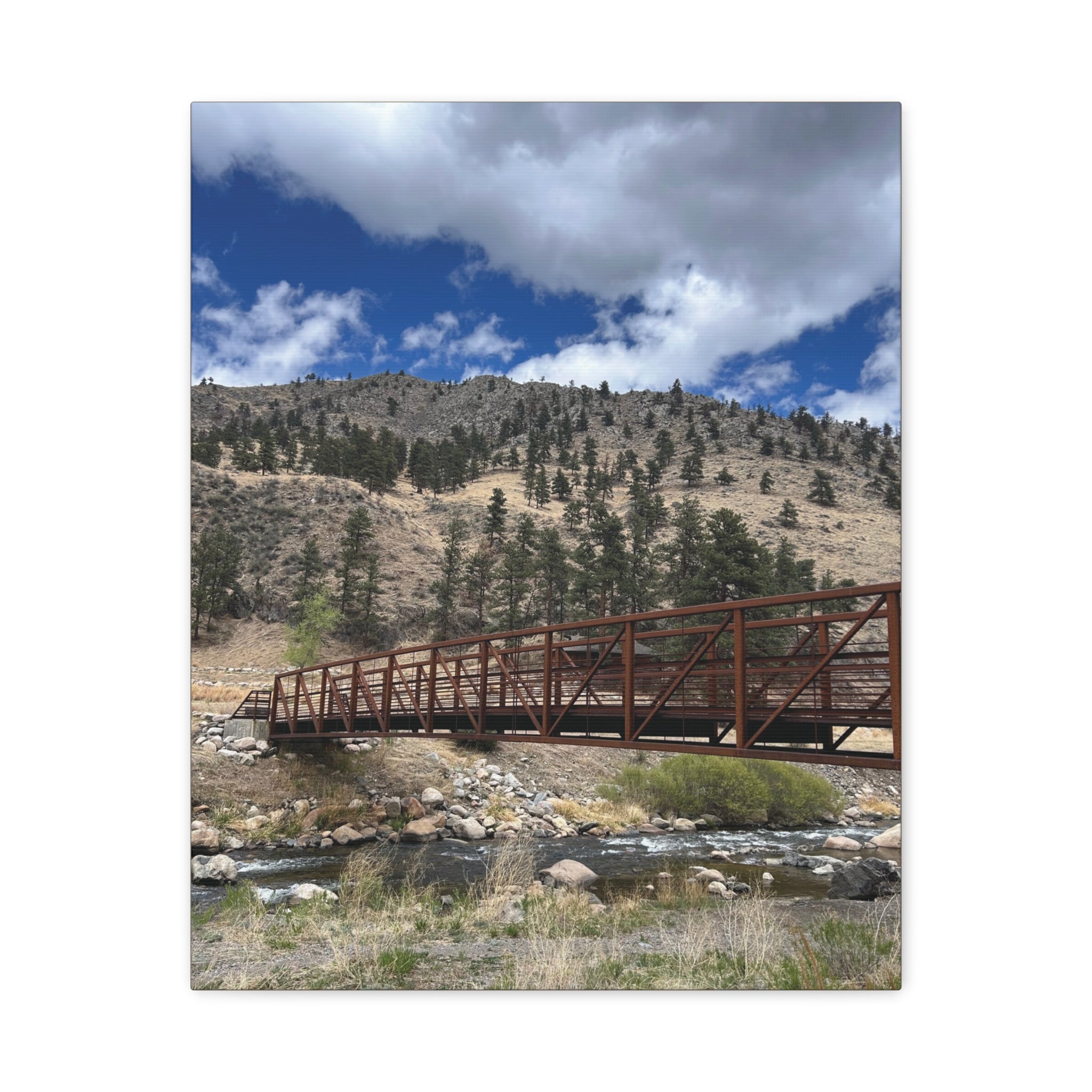 Mountain Bridge Matte Canvas Print — Scenic River & Sky Wall Art