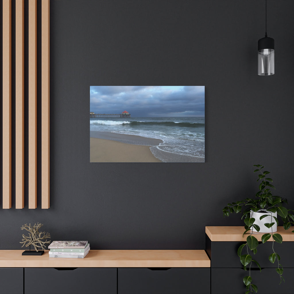 Ocean Pier Beach Canvas Print — Moody Seascape Matte Stretched Wall Art