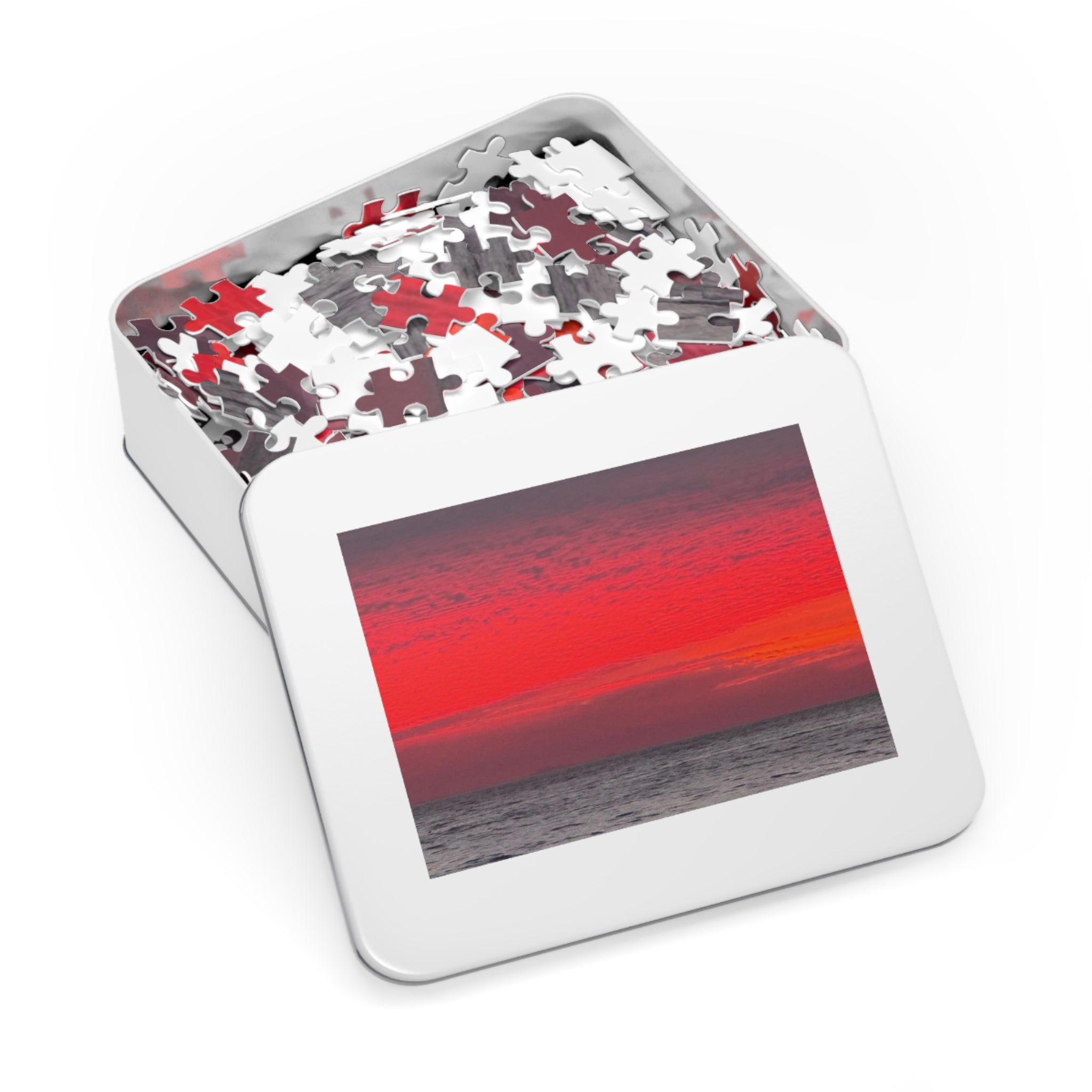 Sunset Horizon Jigsaw with Tin – Red Ocean Seascape Puzzle