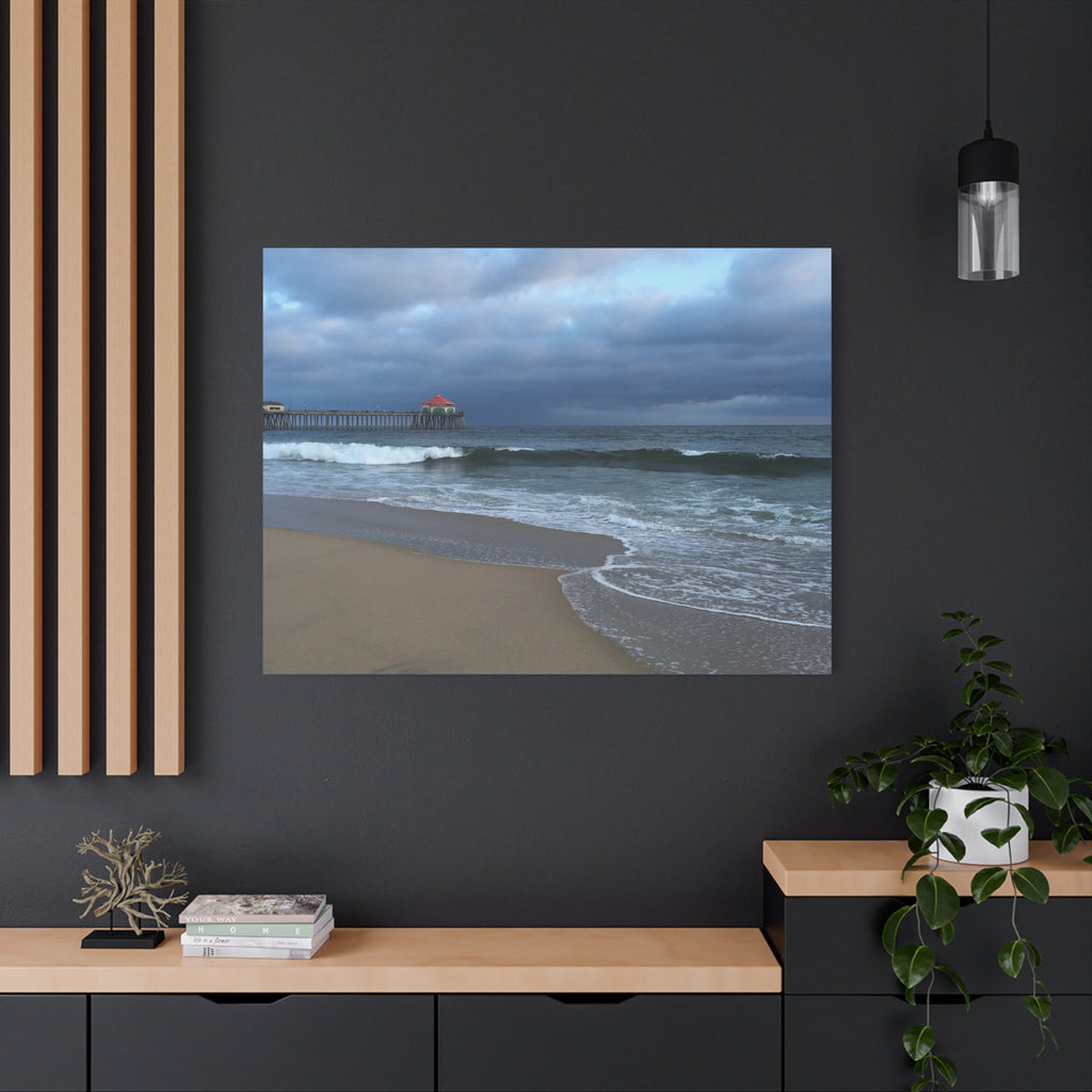 Ocean Pier Beach Canvas Print — Moody Seascape Matte Stretched Wall Art