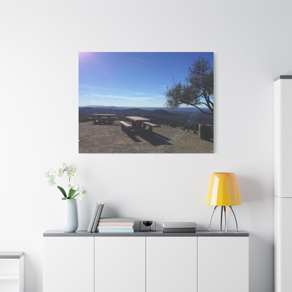Sunlit Picnic Overlook Matte Canvas Print — Scenic Mountain View Wall Art