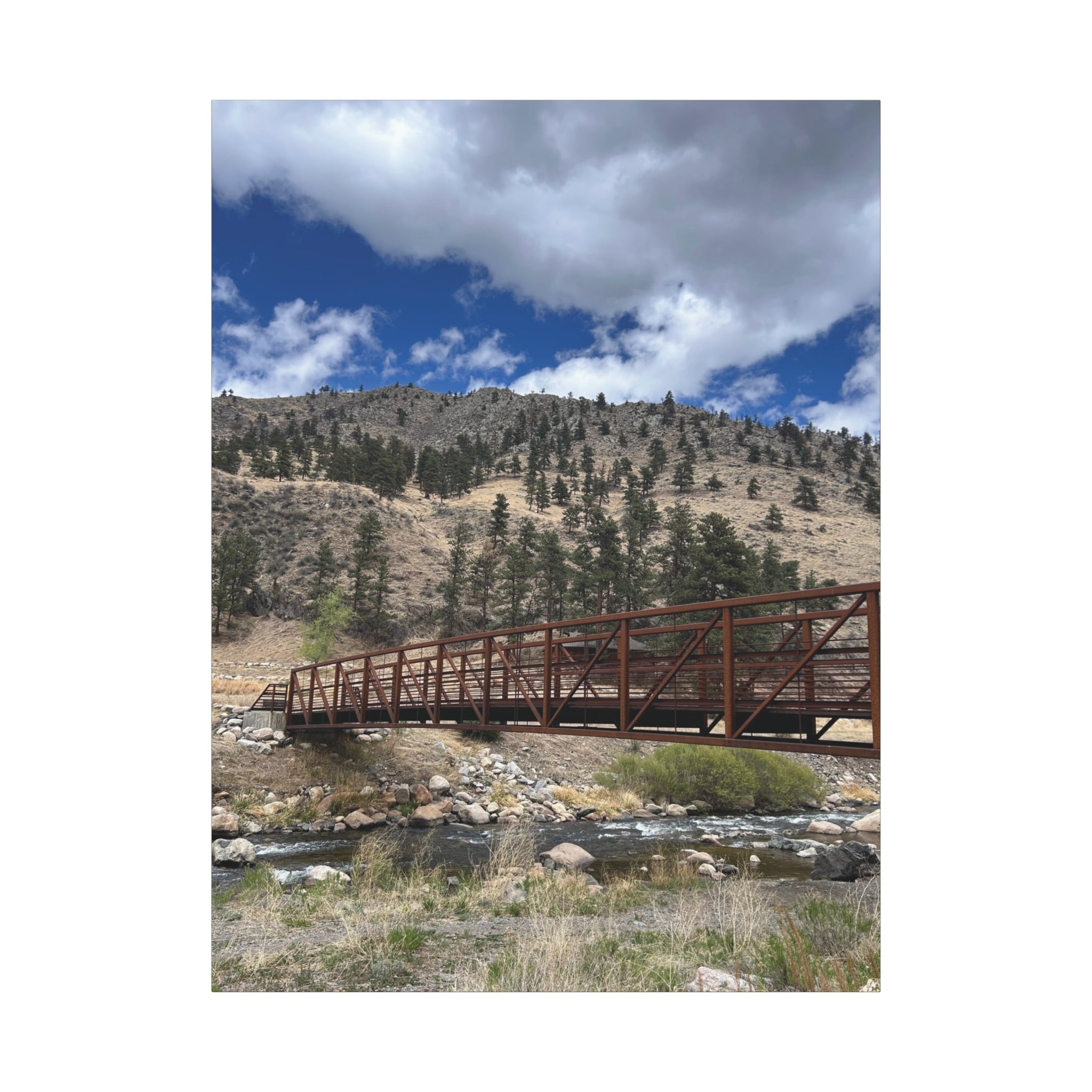 Mountain Bridge Matte Canvas Print — Scenic River & Sky Wall Art