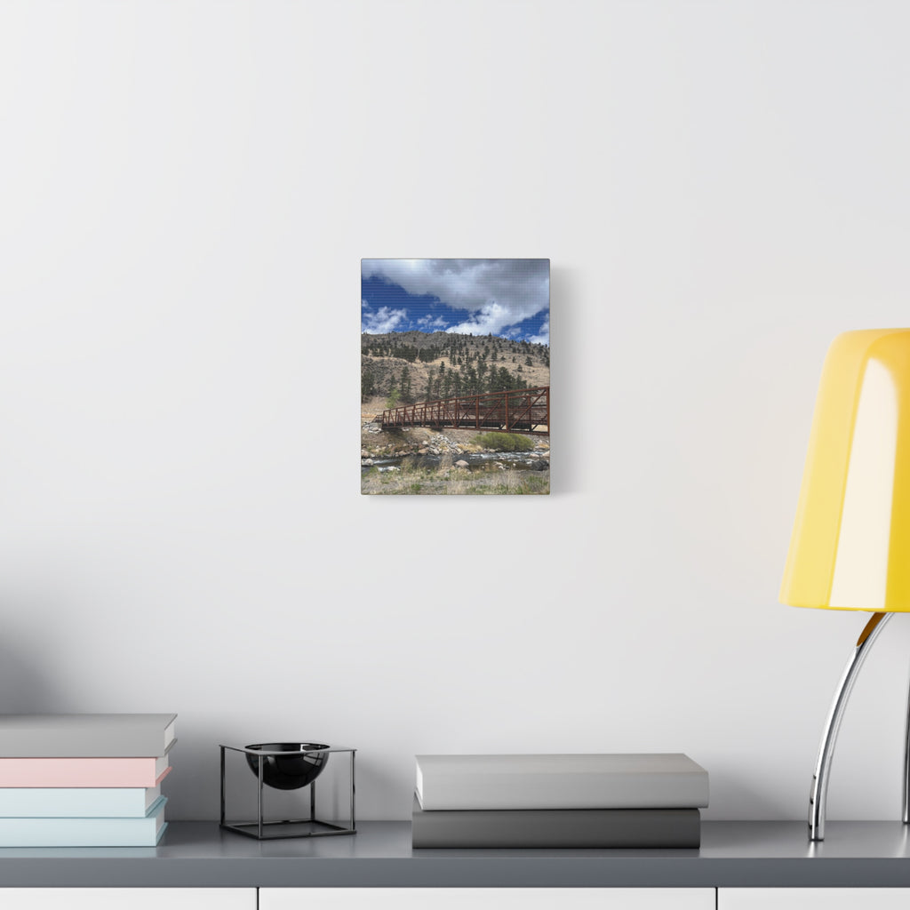 Mountain Bridge Matte Canvas Print — Scenic River & Sky Wall Art