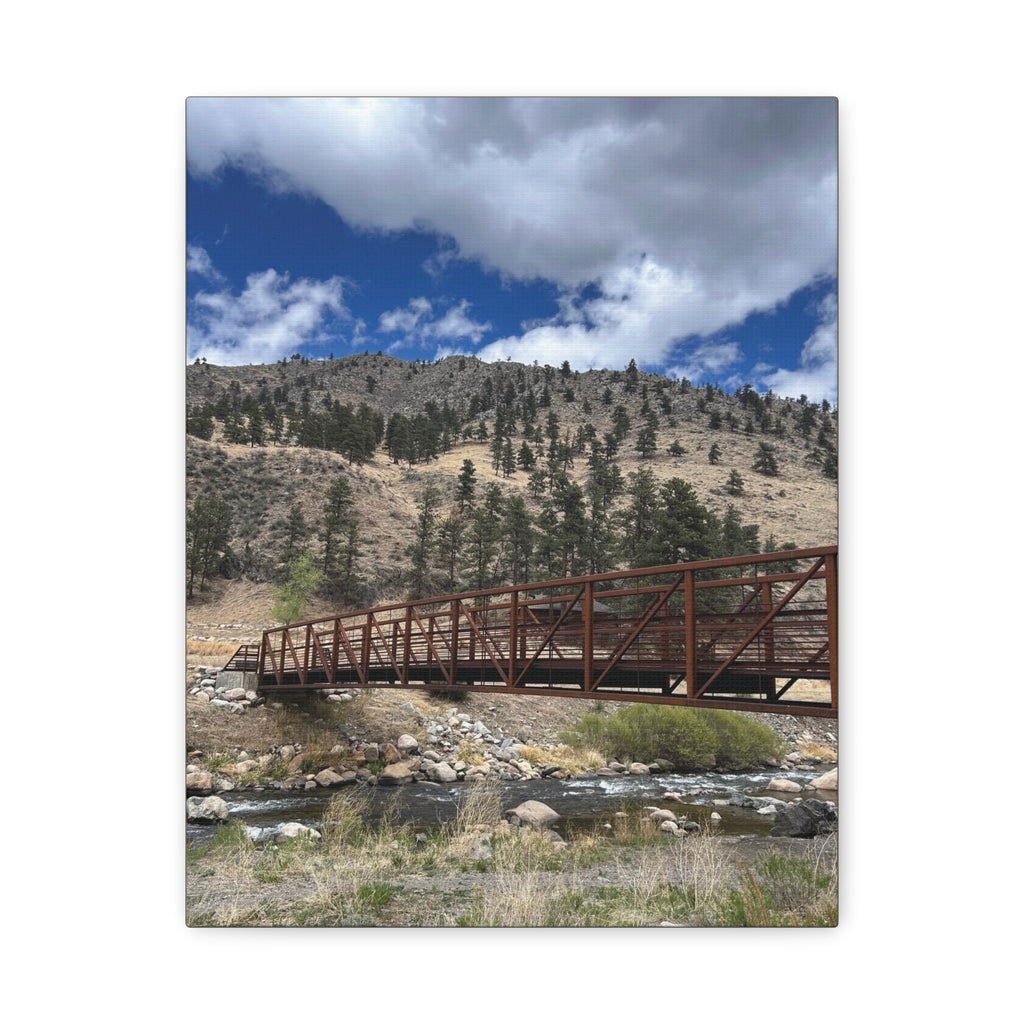 Mountain Bridge Matte Canvas Print — Scenic River & Sky Wall Art