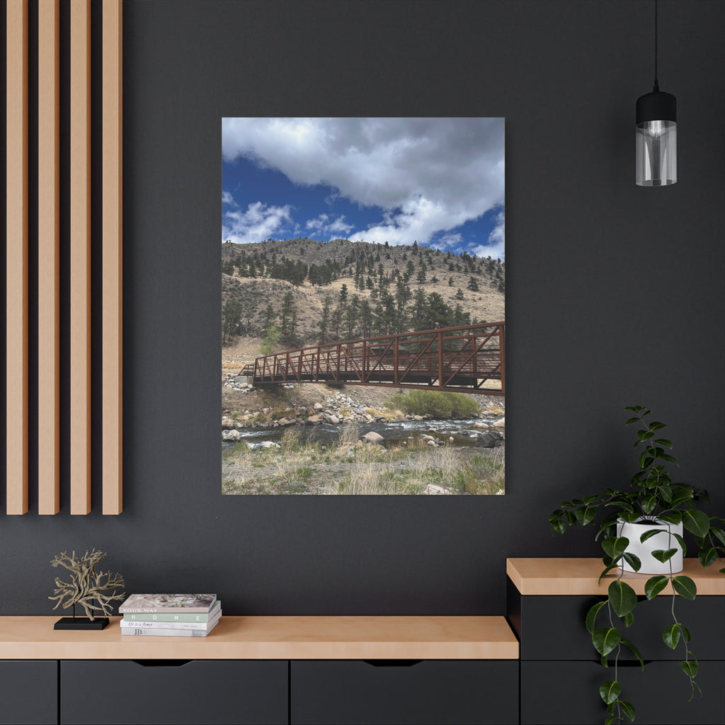 Mountain Bridge Matte Canvas Print — Scenic River & Sky Wall Art