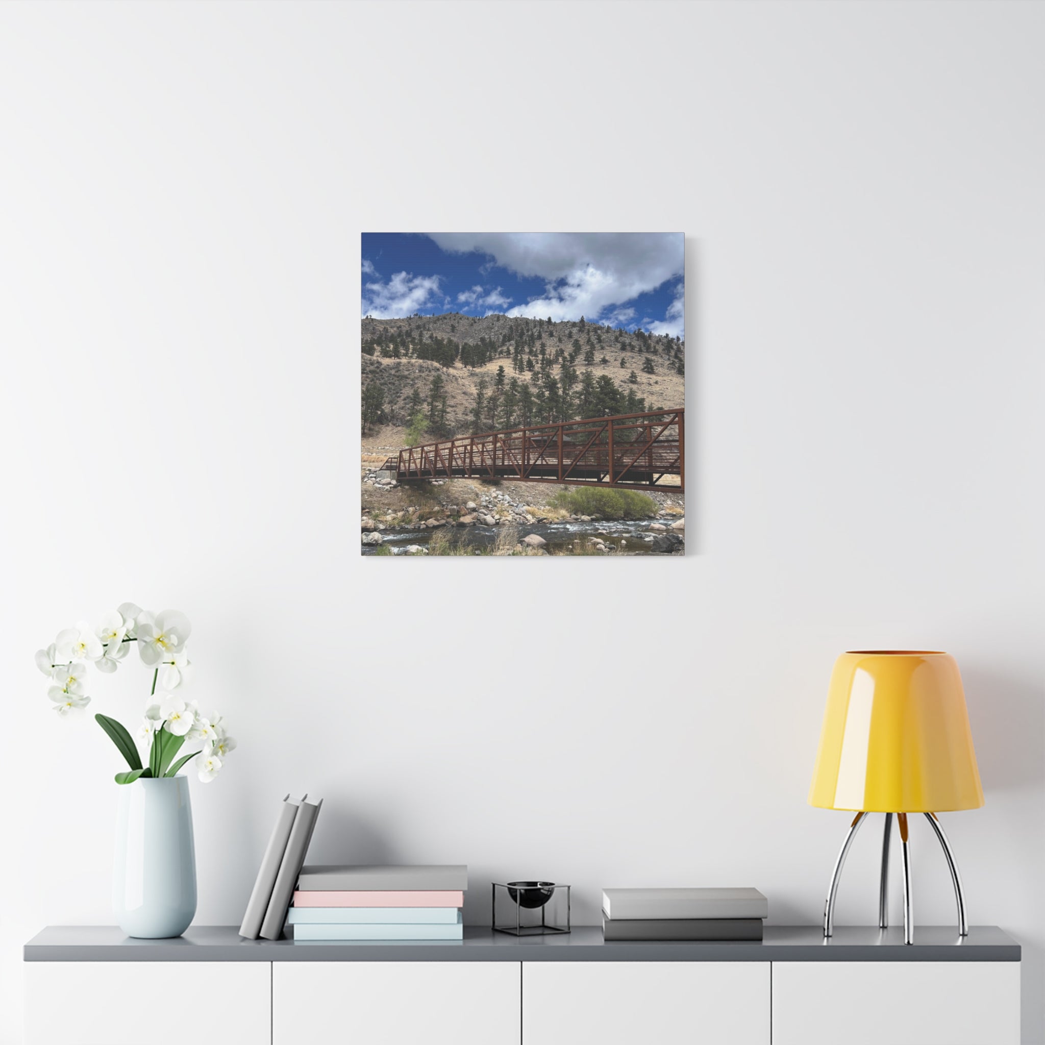 Mountain Bridge Matte Canvas Print — Scenic River & Sky Wall Art