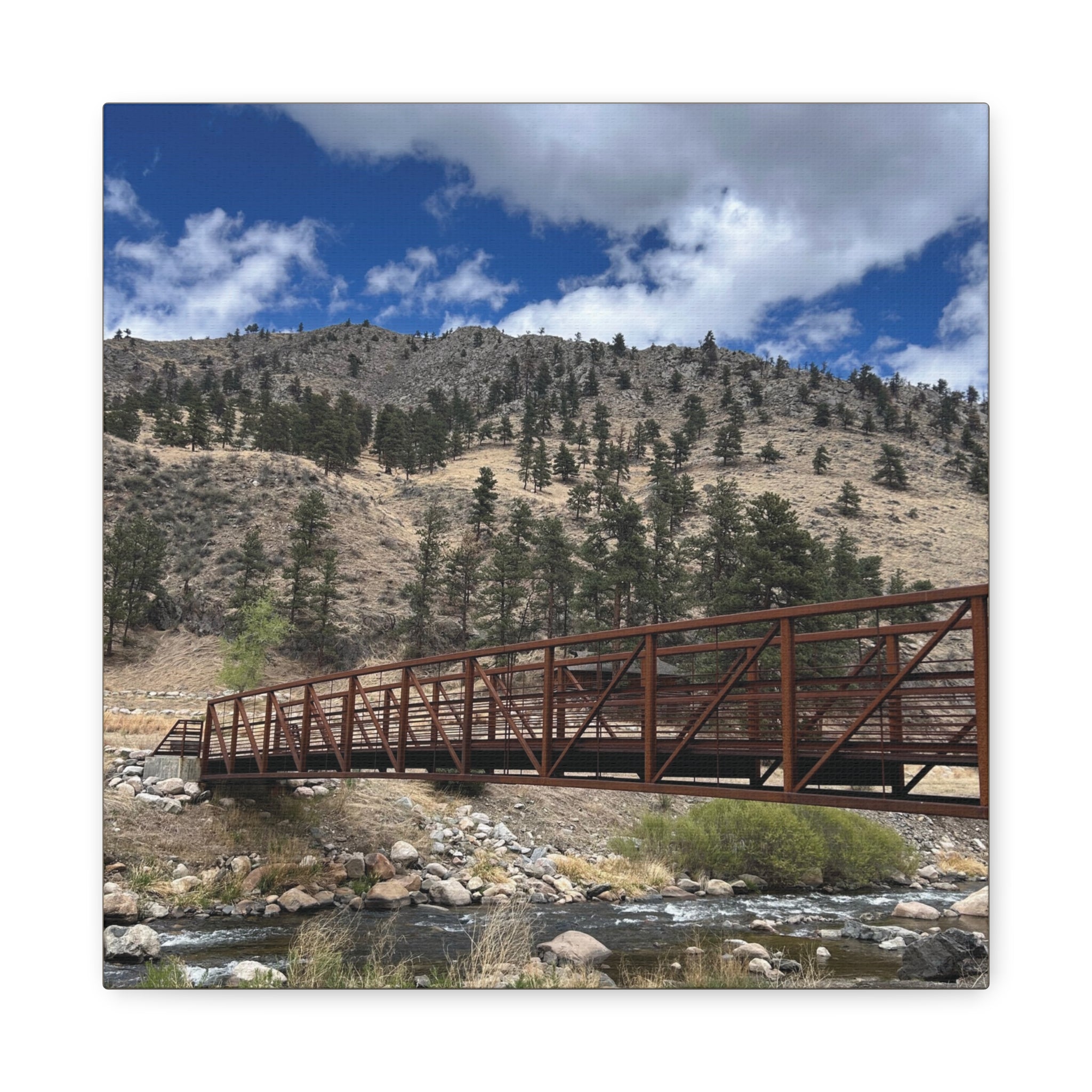 Mountain Bridge Matte Canvas Print — Scenic River & Sky Wall Art