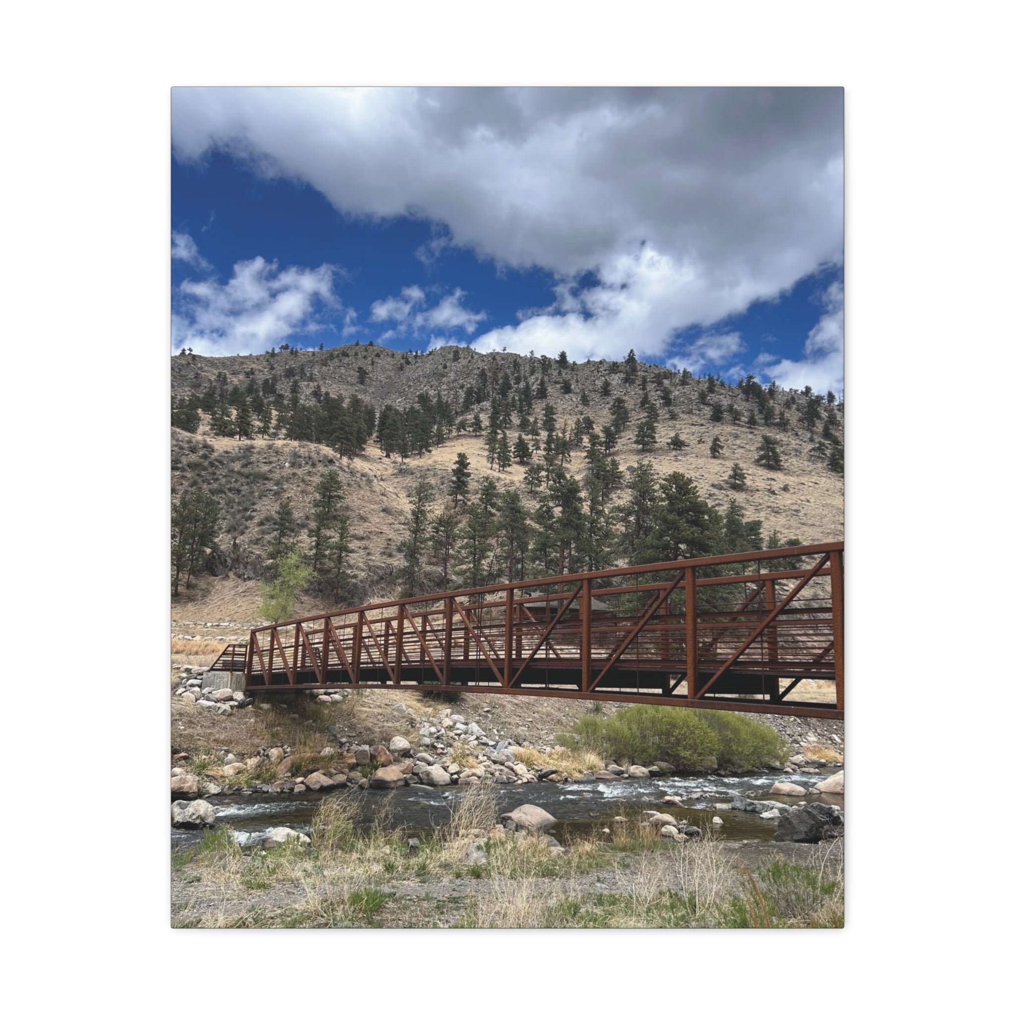 Mountain Bridge Matte Canvas Print — Scenic River & Sky Wall Art