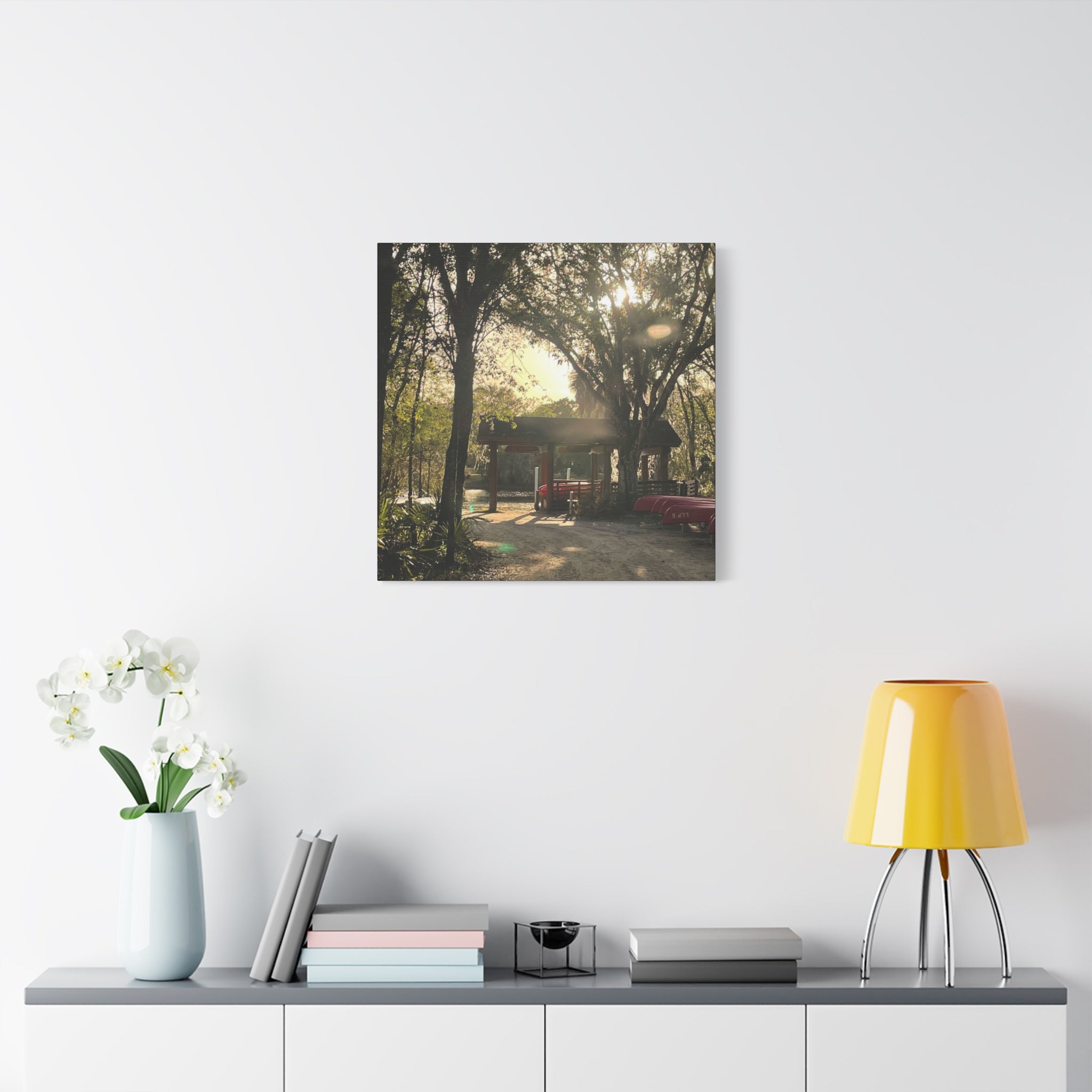 Hazy Morning Kayak - Sunlit Forest Matte Stretched Wall Art