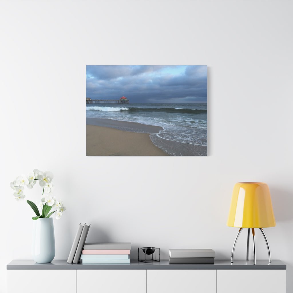 Ocean Pier Beach Canvas Print — Moody Seascape Matte Stretched Wall Art