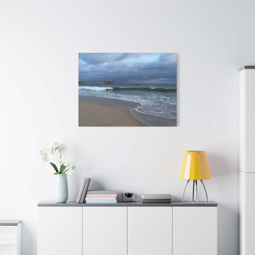 Ocean Pier Beach Canvas Print — Moody Seascape Matte Stretched Wall Art