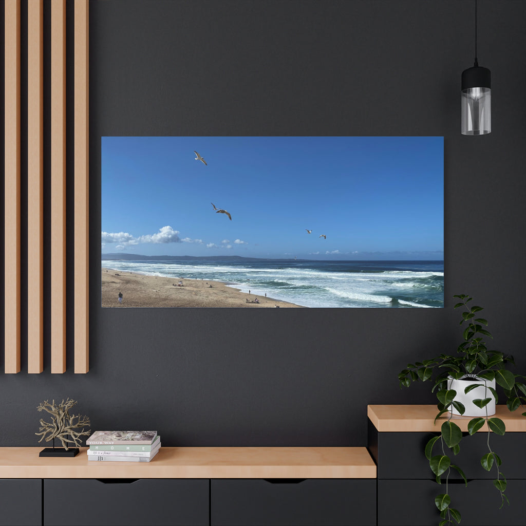 Coastal Seascape Canvas Print — Panoramic Beach with Seagulls
