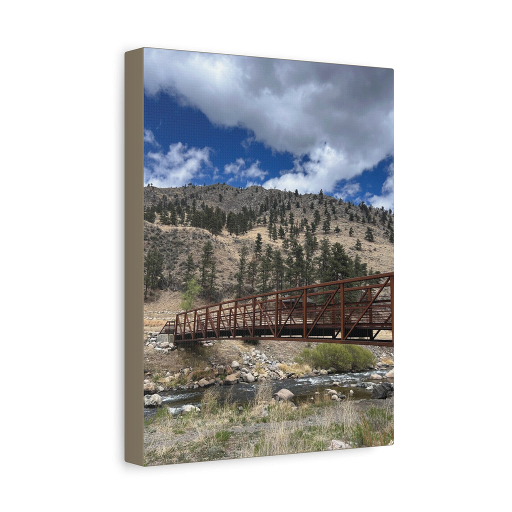 Mountain Bridge Matte Canvas Print — Scenic River & Sky Wall Art