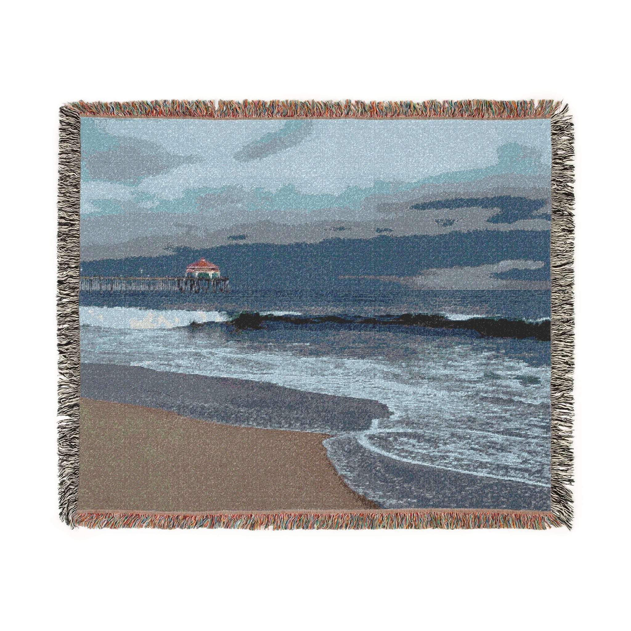 Coastal Pier Woven Blanket — Scenic Beach Throw for Home & Travel