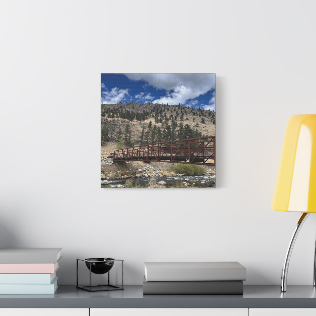 Mountain Bridge Matte Canvas Print — Scenic River & Sky Wall Art