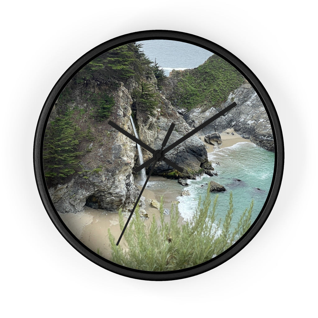 Coastal Cove Wall Clock — Beach Cliff & Waterfall Scenic Timepiece
