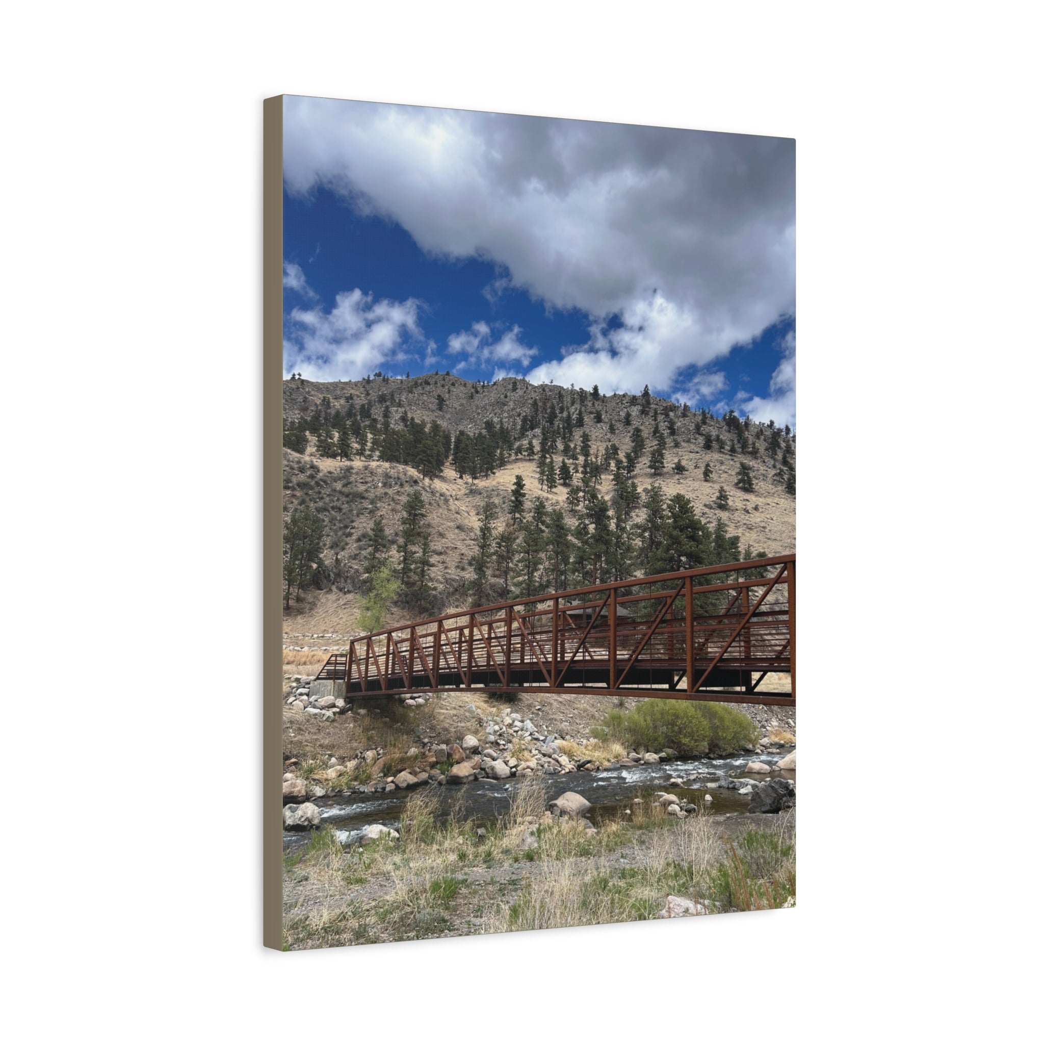 Mountain Bridge Matte Canvas Print — Scenic River & Sky Wall Art