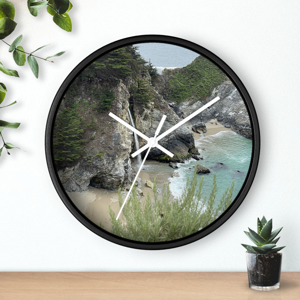 Coastal Cove Wall Clock — Beach Cliff & Waterfall Scenic Timepiece