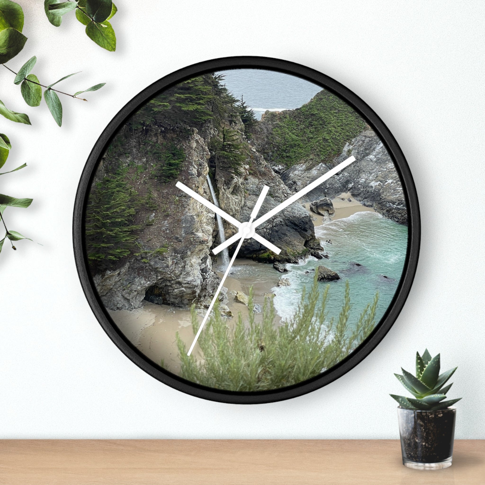 Coastal Cove Wall Clock — Beach Cliff & Waterfall Scenic Timepiece