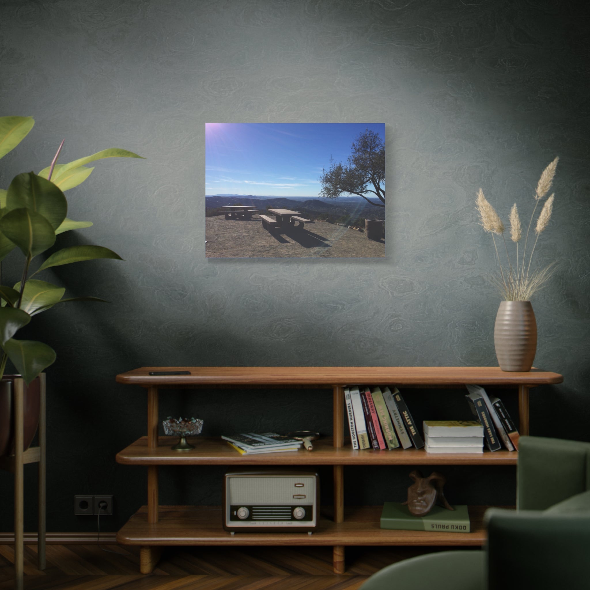 Sunlit Picnic Overlook Matte Canvas Print — Scenic Mountain View Wall Art