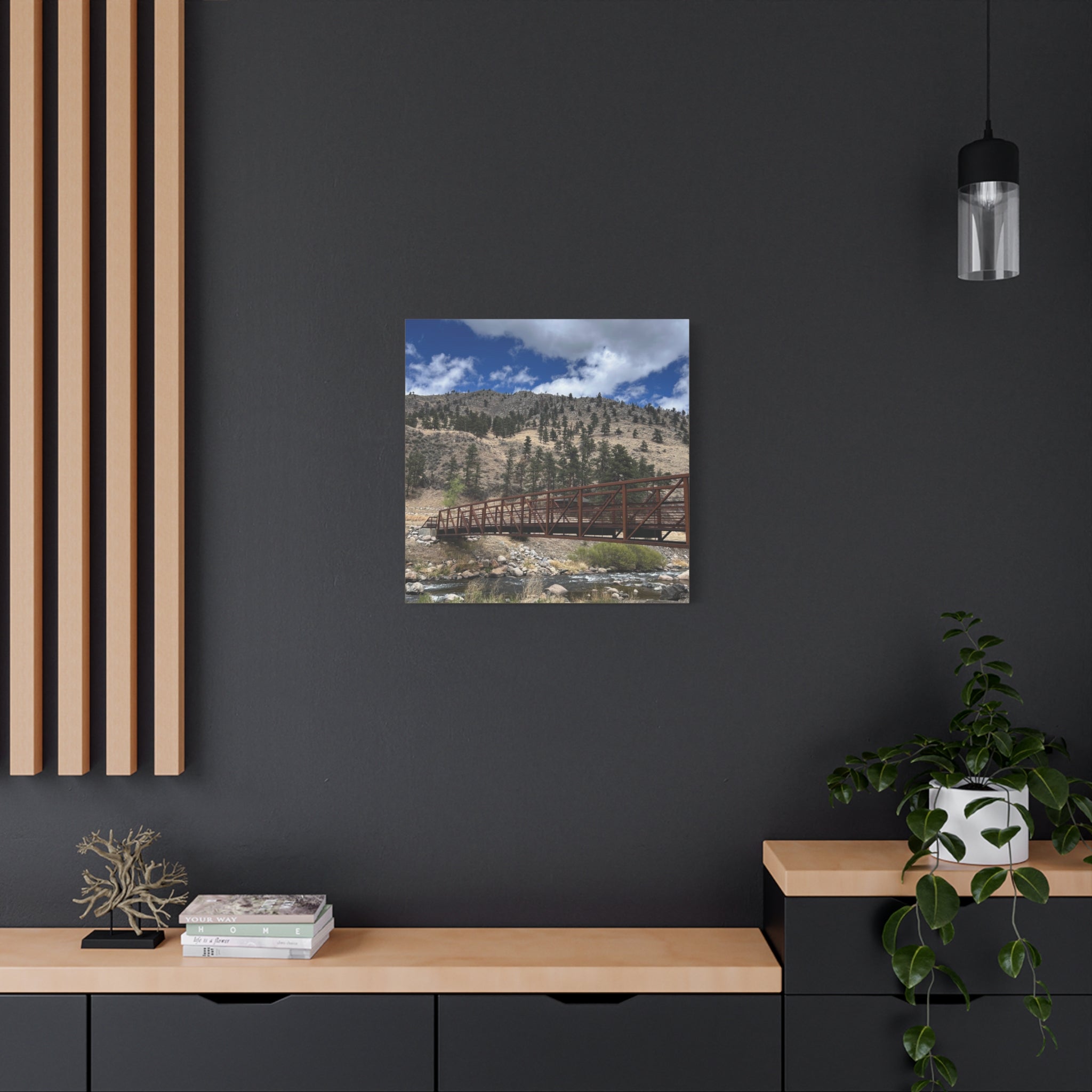 Mountain Bridge Matte Canvas Print — Scenic River & Sky Wall Art