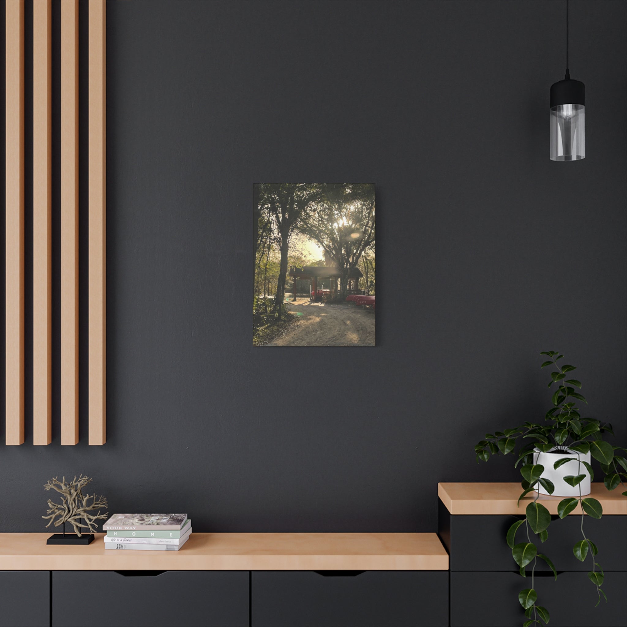 Hazy Morning Kayak - Sunlit Forest Matte Stretched Wall Art