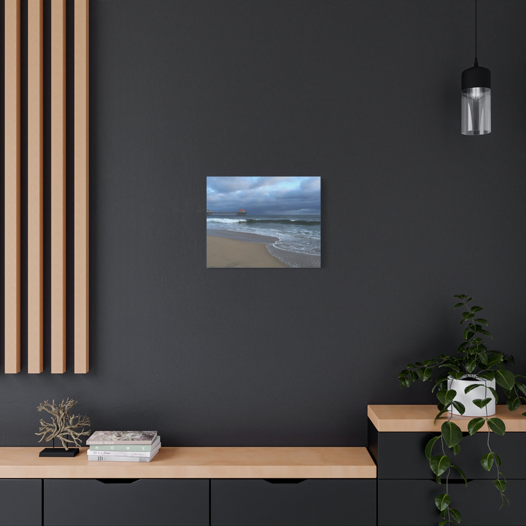 Ocean Pier Beach Canvas Print — Moody Seascape Matte Stretched Wall Art