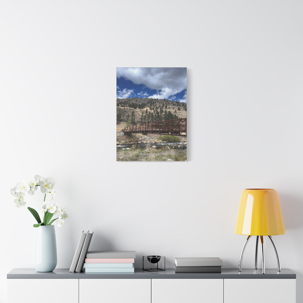 Mountain Bridge Matte Canvas Print — Scenic River & Sky Wall Art