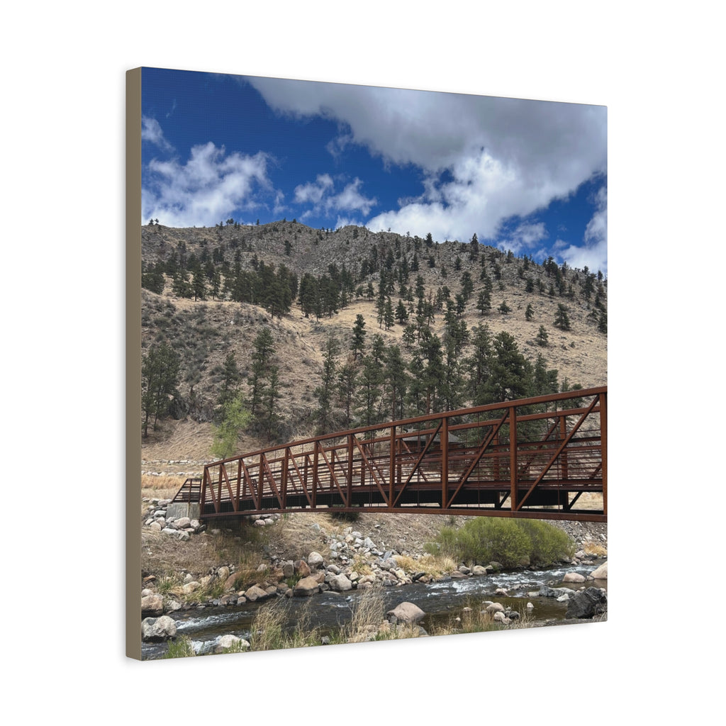 Mountain Bridge Matte Canvas Print — Scenic River & Sky Wall Art