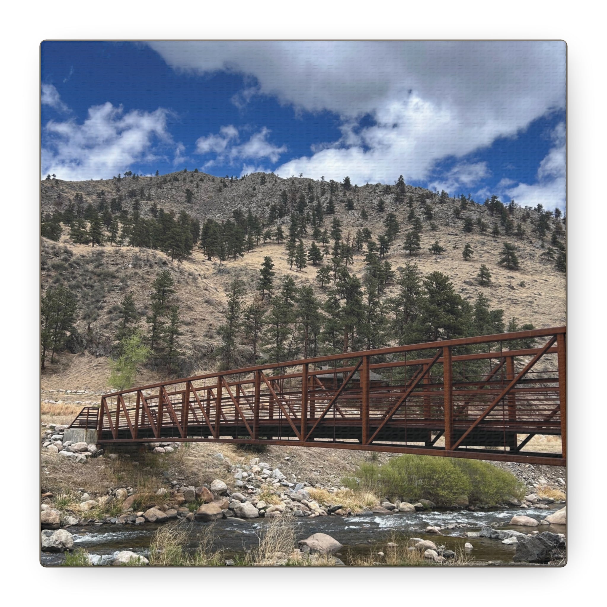 Mountain Bridge Matte Canvas Print — Scenic River & Sky Wall Art