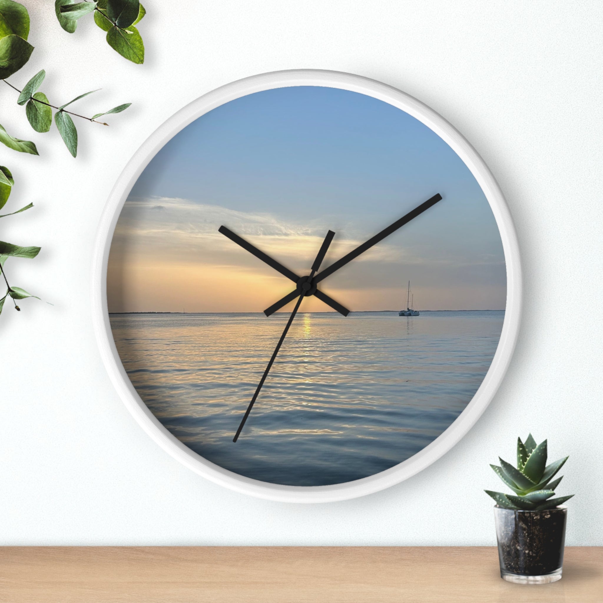Sunset Sail Wall Clock — Coastal Sunset Seascape Home Decor
