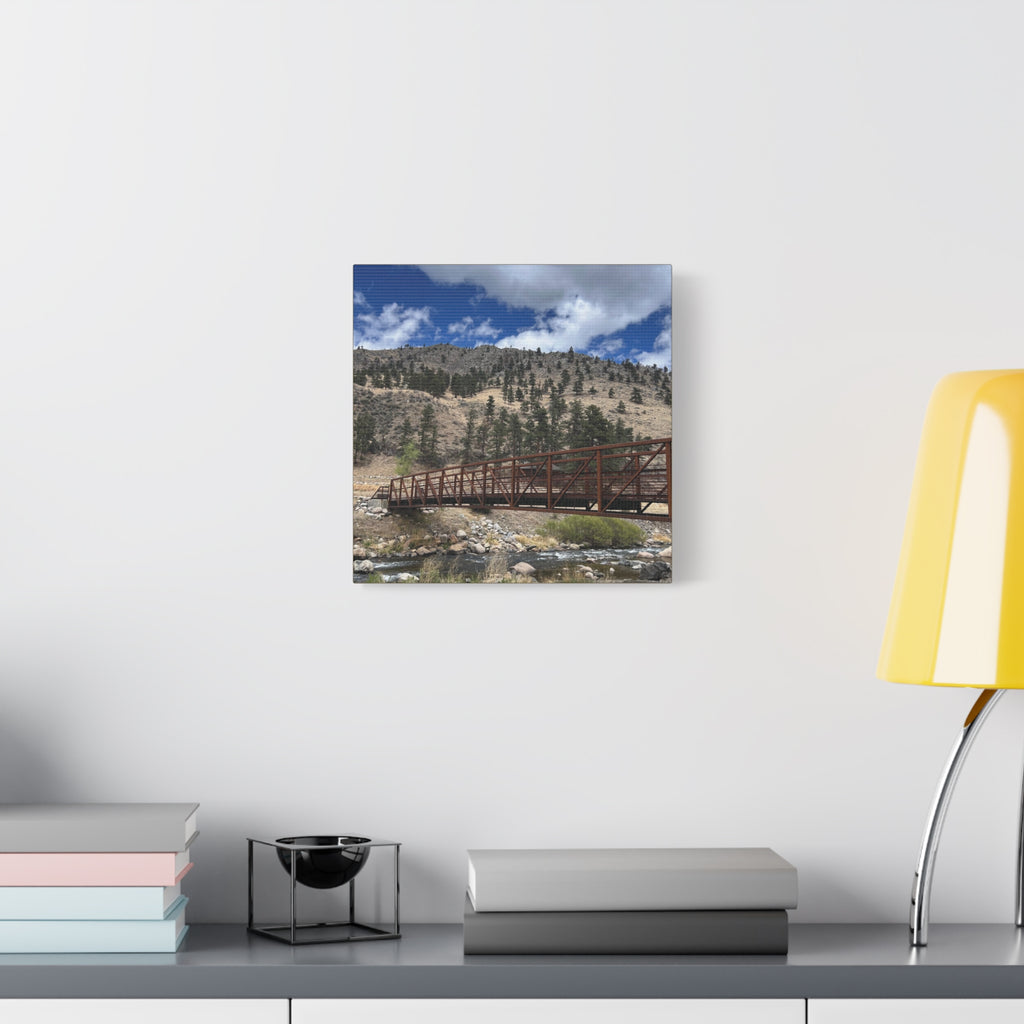Mountain Bridge Matte Canvas Print — Scenic River & Sky Wall Art