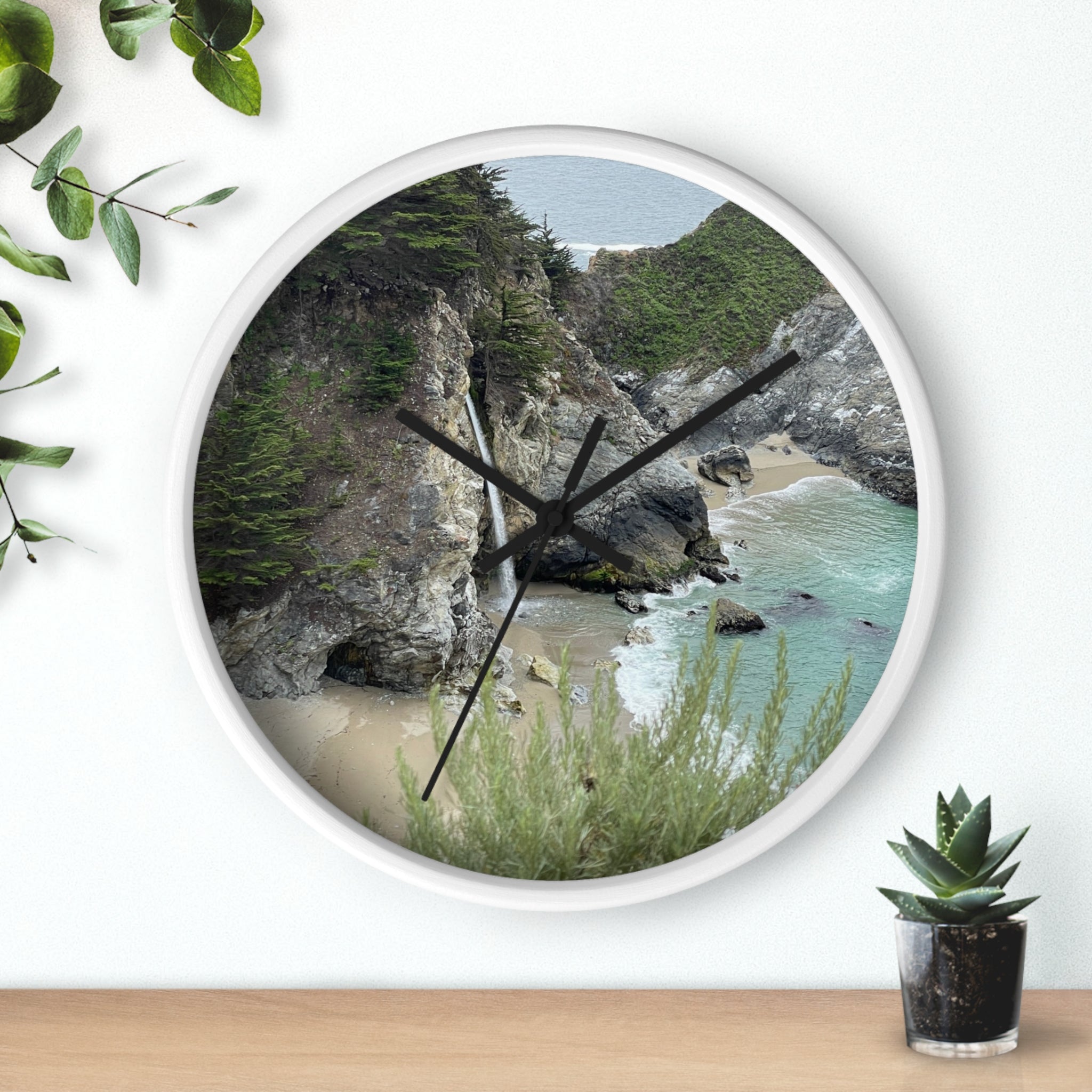 Coastal Cove Wall Clock — Beach Cliff & Waterfall Scenic Timepiece