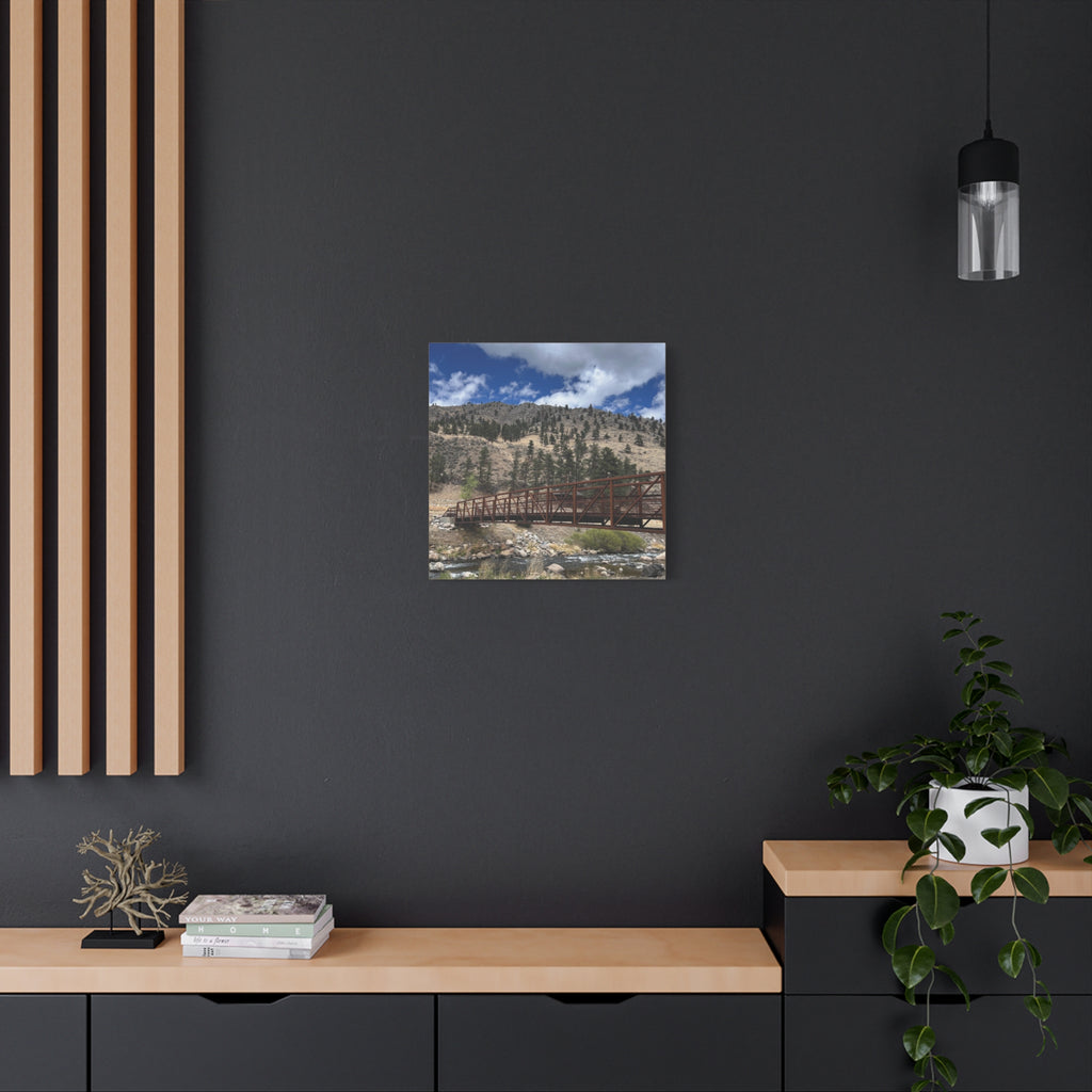 Mountain Bridge Matte Canvas Print — Scenic River & Sky Wall Art
