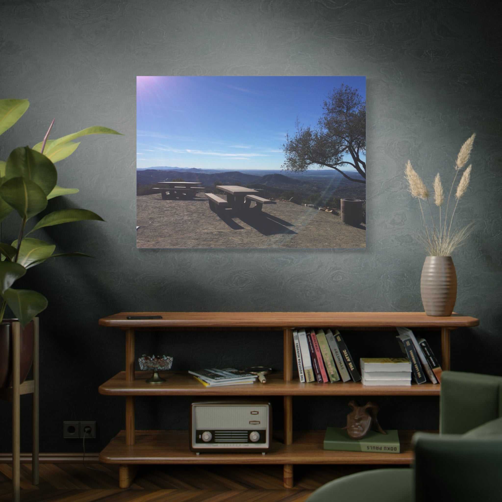 Sunlit Picnic Overlook Matte Canvas Print — Scenic Mountain View Wall Art