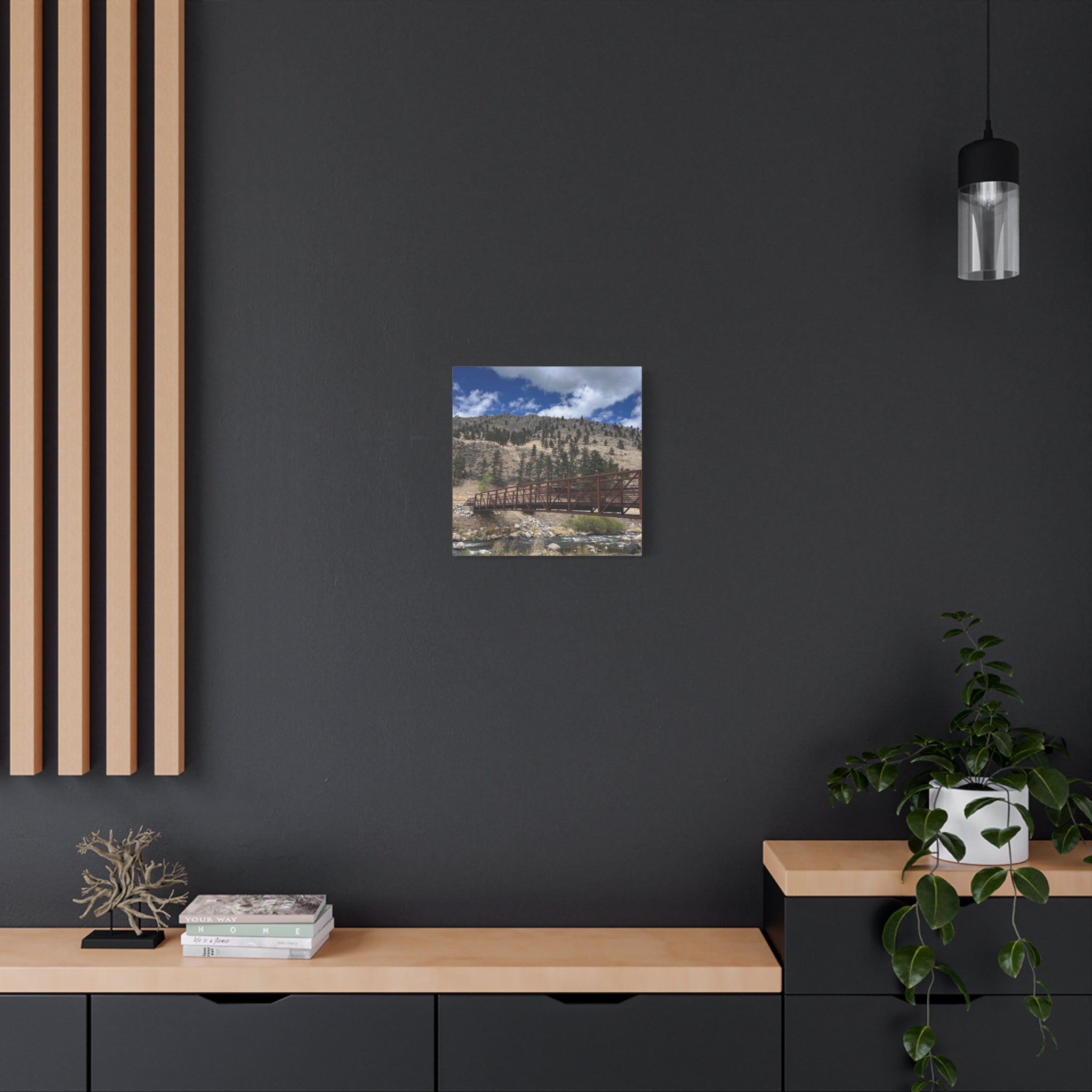 Mountain Bridge Matte Canvas Print — Scenic River & Sky Wall Art