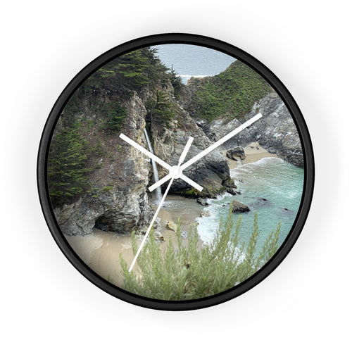 Coastal Cove Wall Clock — Beach Cliff & Waterfall Scenic Timepiece