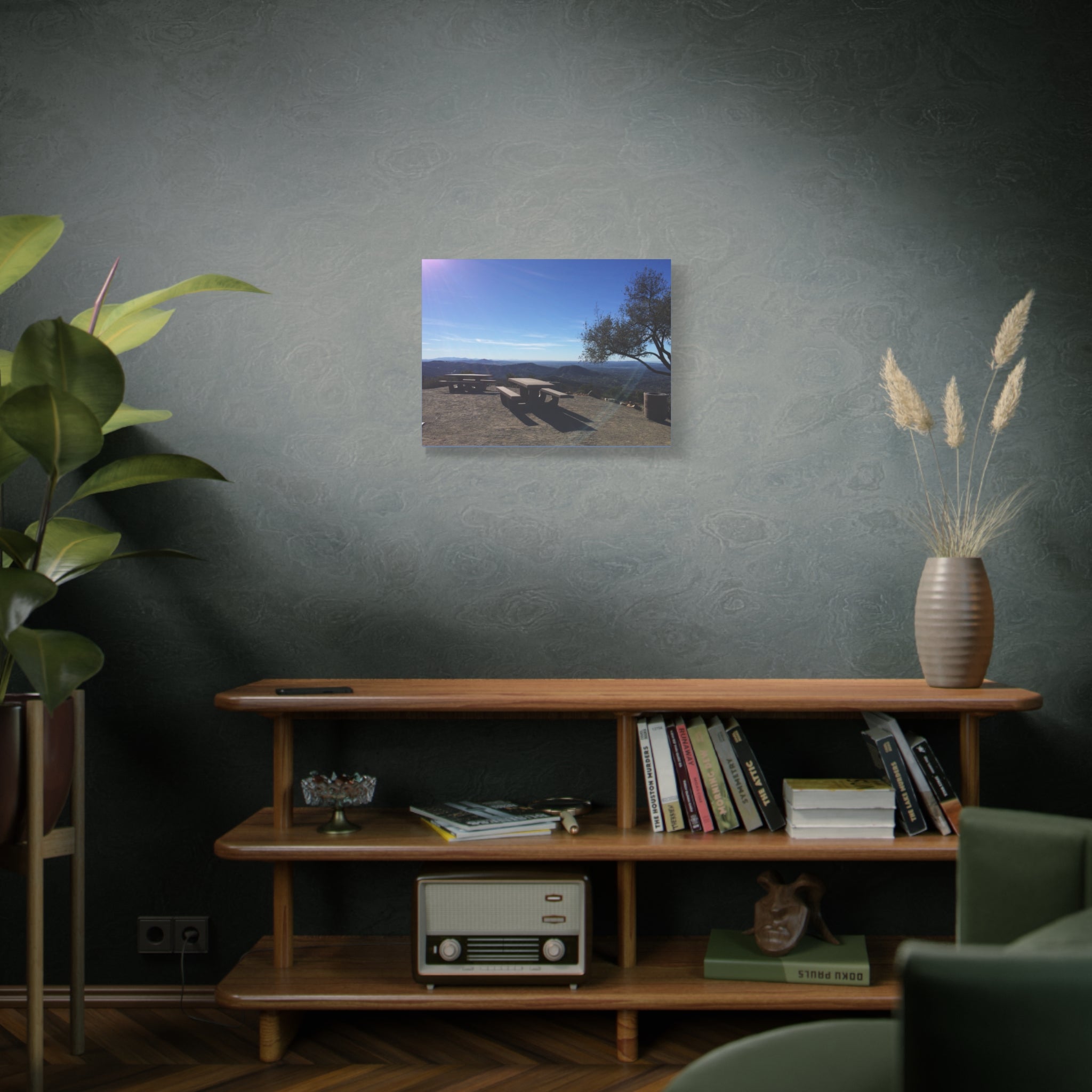 Sunlit Picnic Overlook Matte Canvas Print — Scenic Mountain View Wall Art