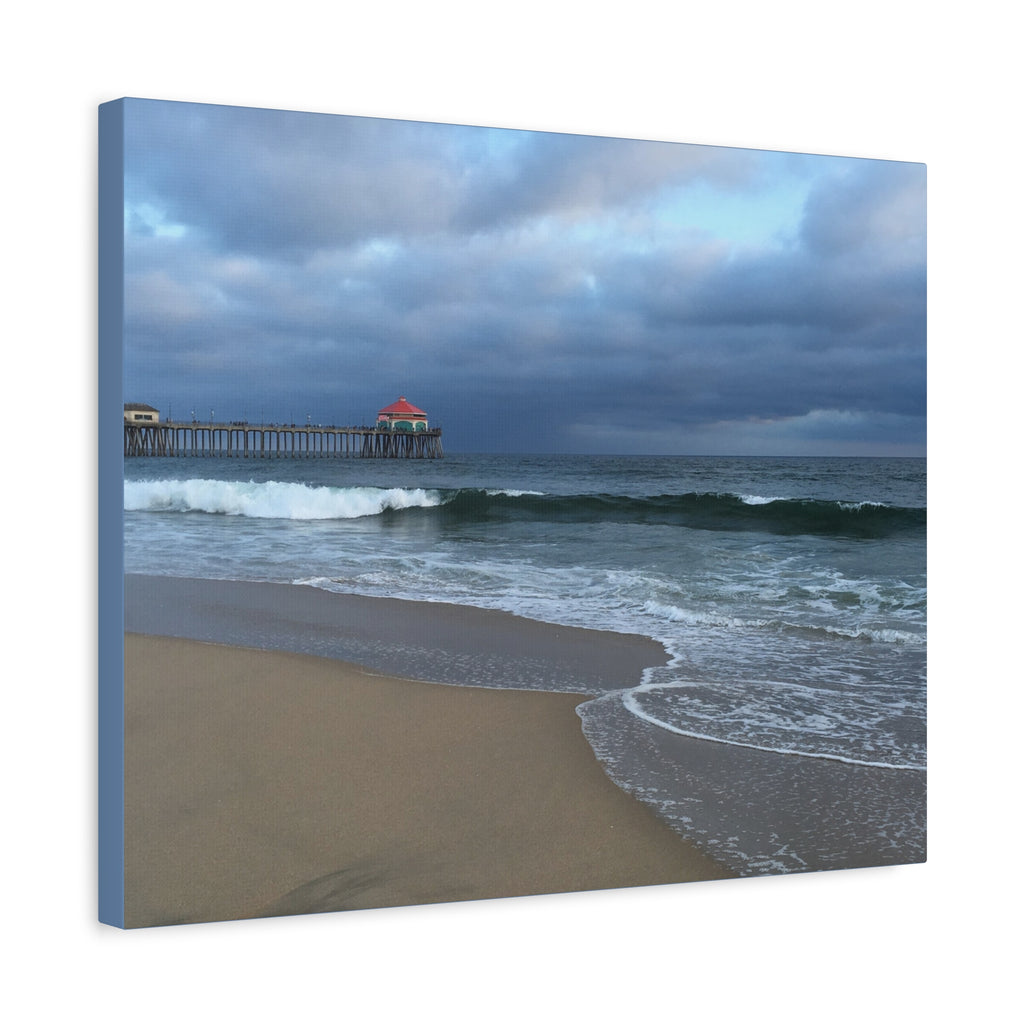 Ocean Pier Beach Canvas Print — Moody Seascape Matte Stretched Wall Art