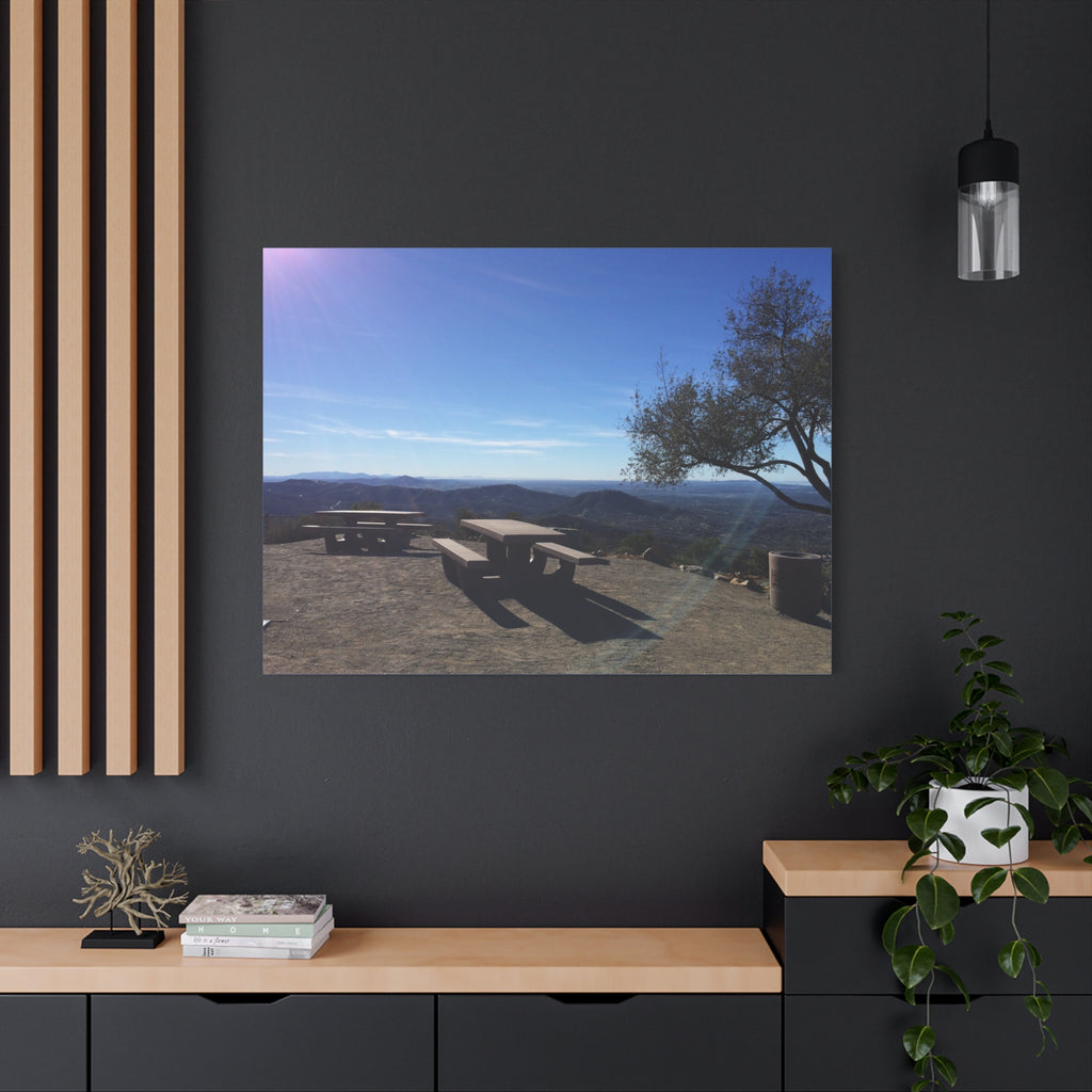 Sunlit Picnic Overlook Matte Canvas Print — Scenic Mountain View Wall Art