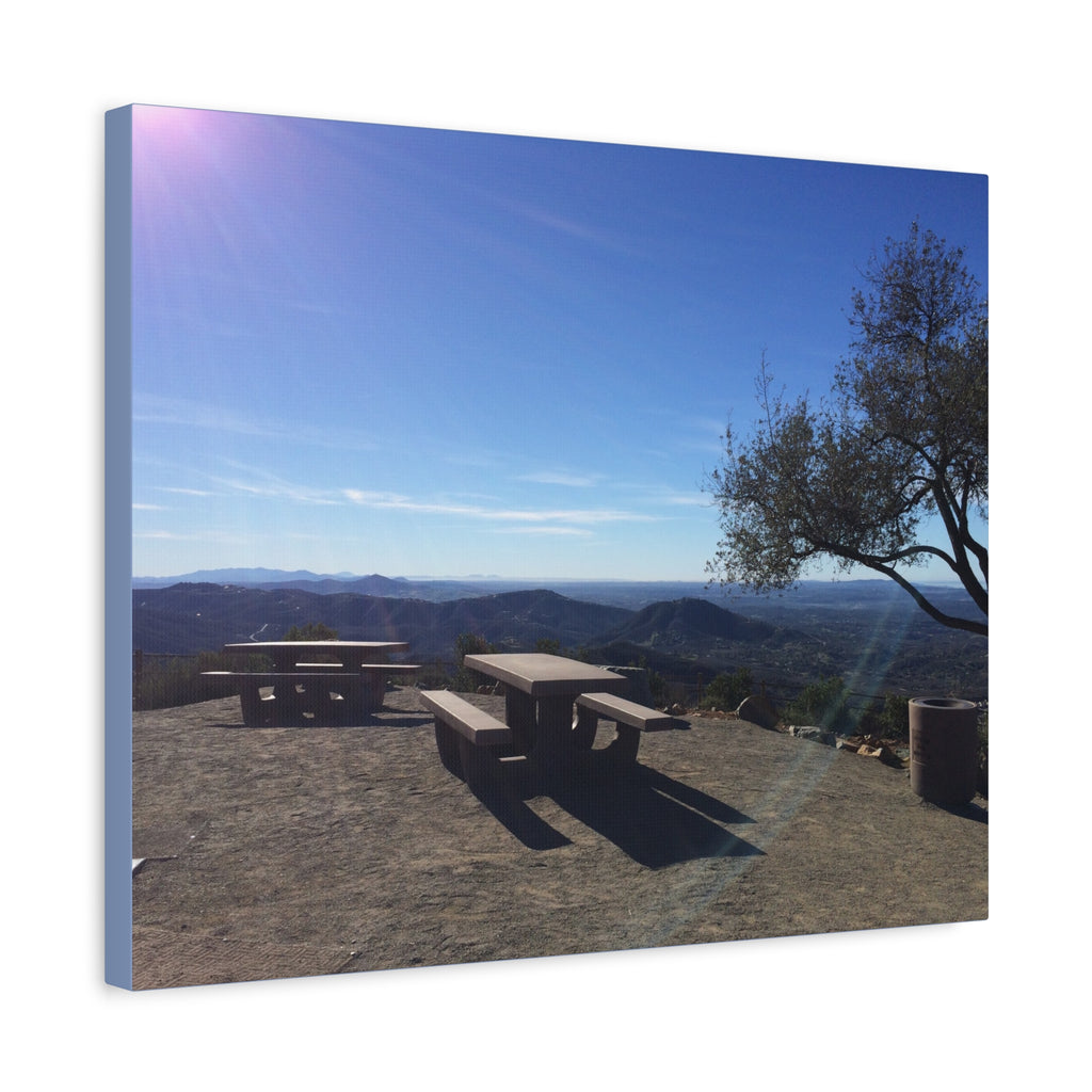 Sunlit Picnic Overlook Matte Canvas Print — Scenic Mountain View Wall Art