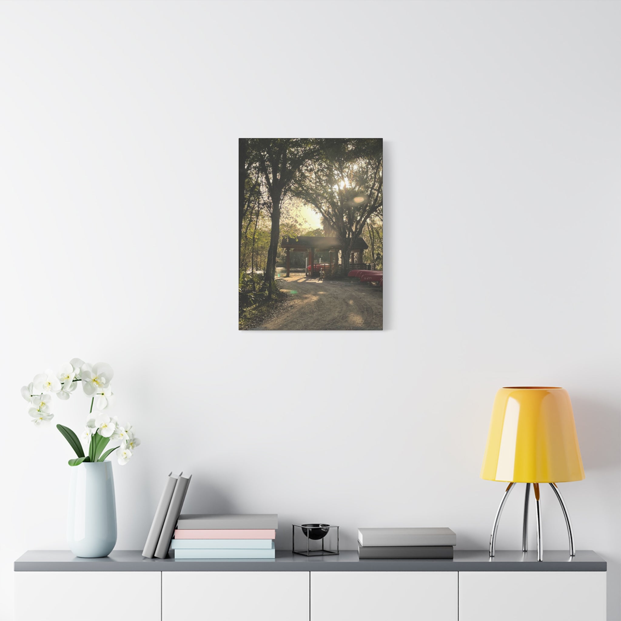 Hazy Morning Kayak - Sunlit Forest Matte Stretched Wall Art
