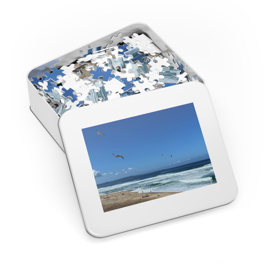 Seagulls Over Beach Jigsaw Puzzle with Tin — Coastal Relaxation Gift