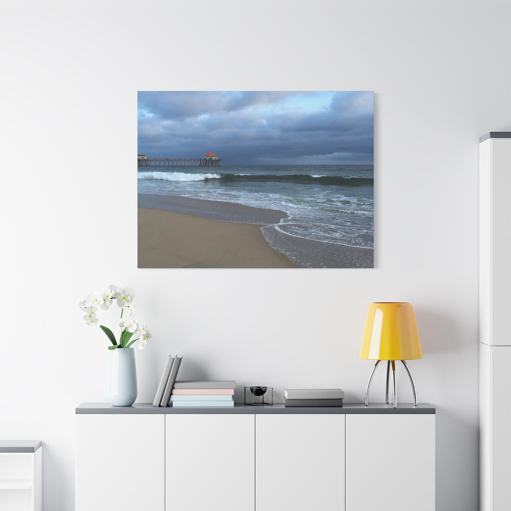 Ocean Pier Beach Canvas Print — Moody Seascape Matte Stretched Wall Art