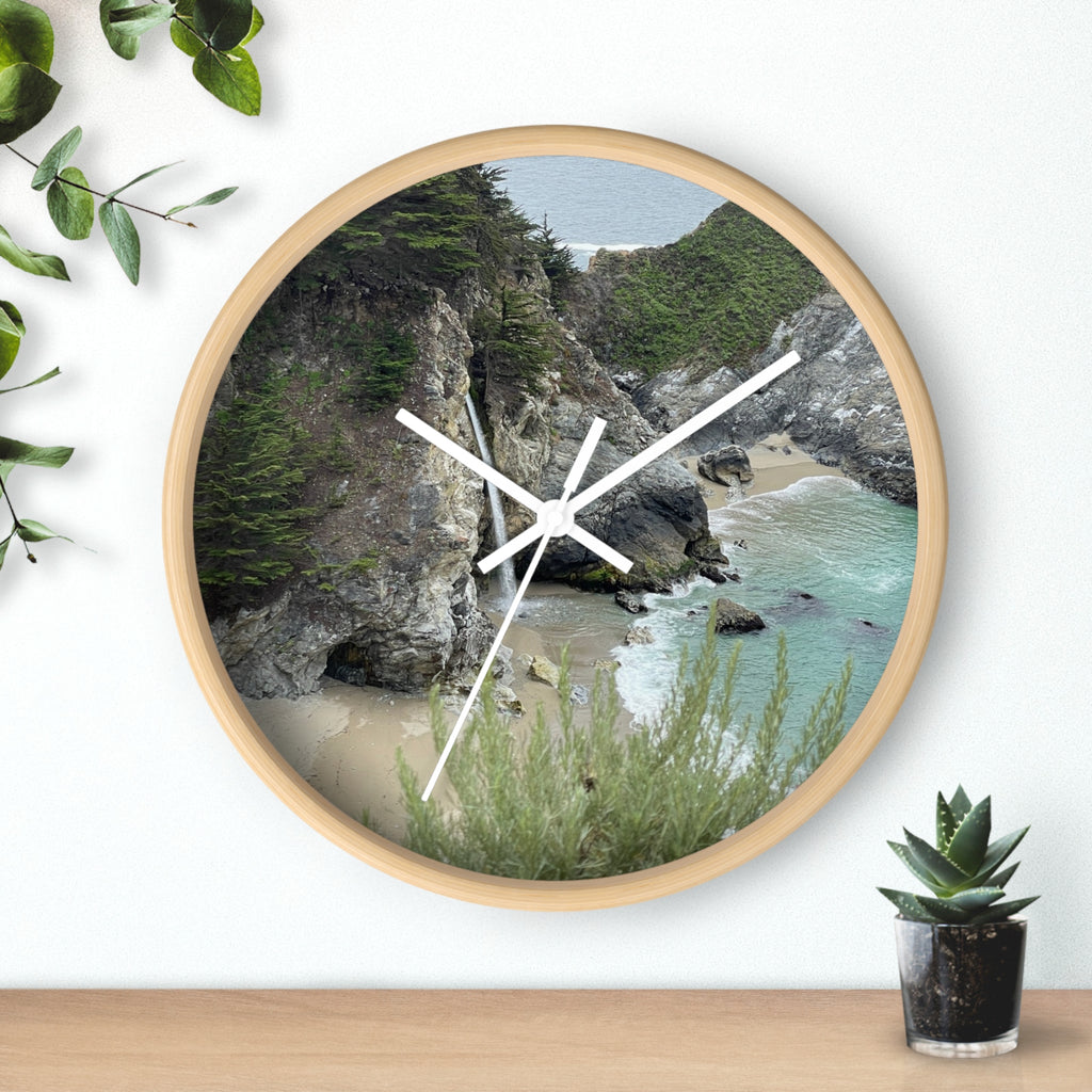 Coastal Cove Wall Clock — Beach Cliff & Waterfall Scenic Timepiece