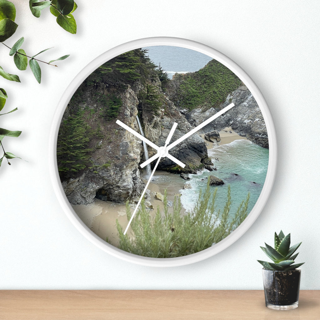 Coastal Cove Wall Clock — Beach Cliff & Waterfall Scenic Timepiece