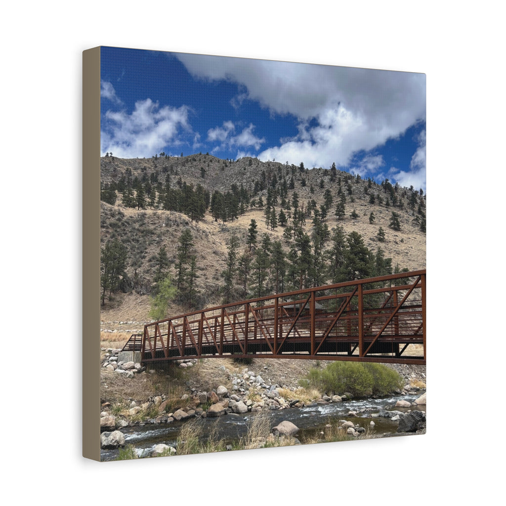 Mountain Bridge Matte Canvas Print — Scenic River & Sky Wall Art