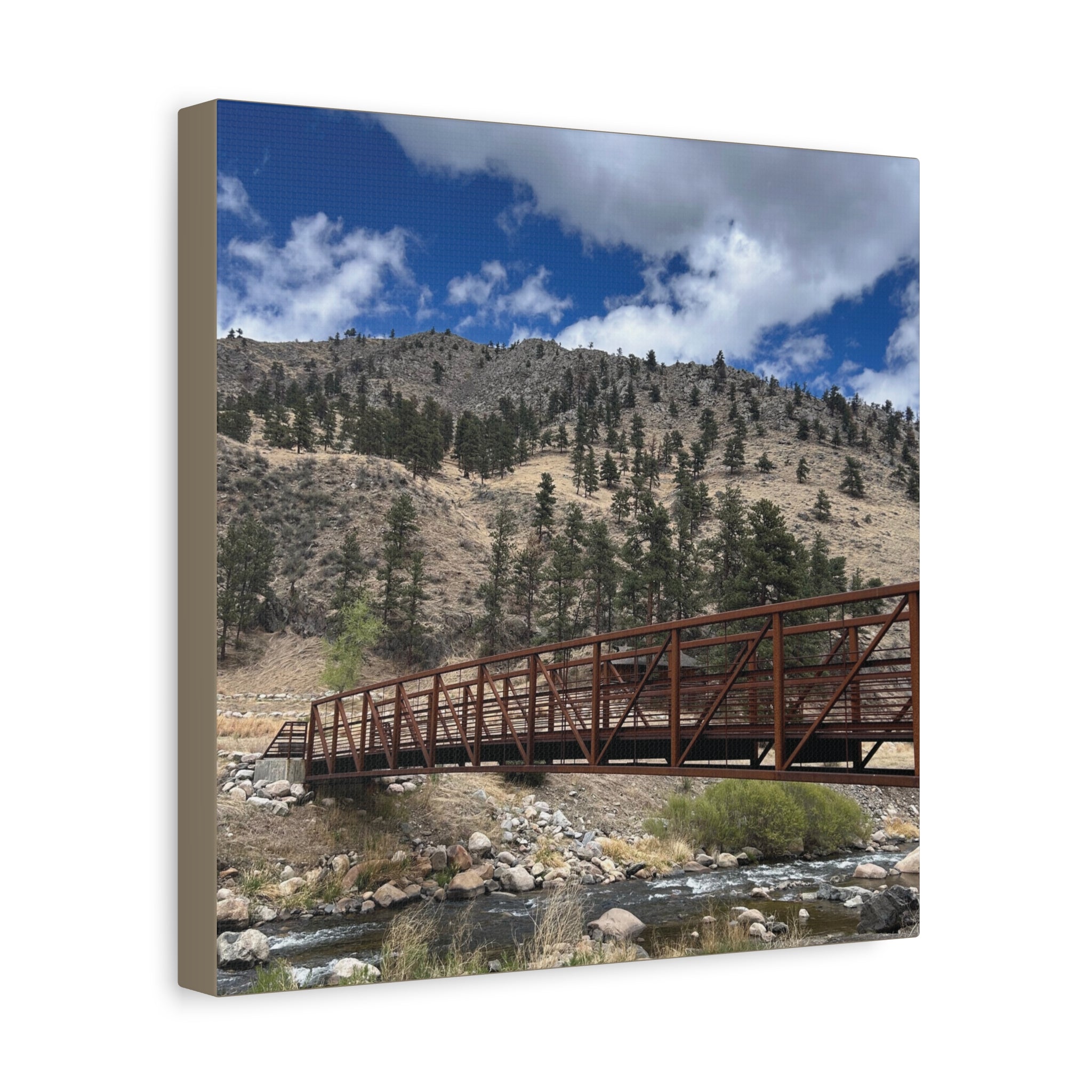 Mountain Bridge Matte Canvas Print — Scenic River & Sky Wall Art