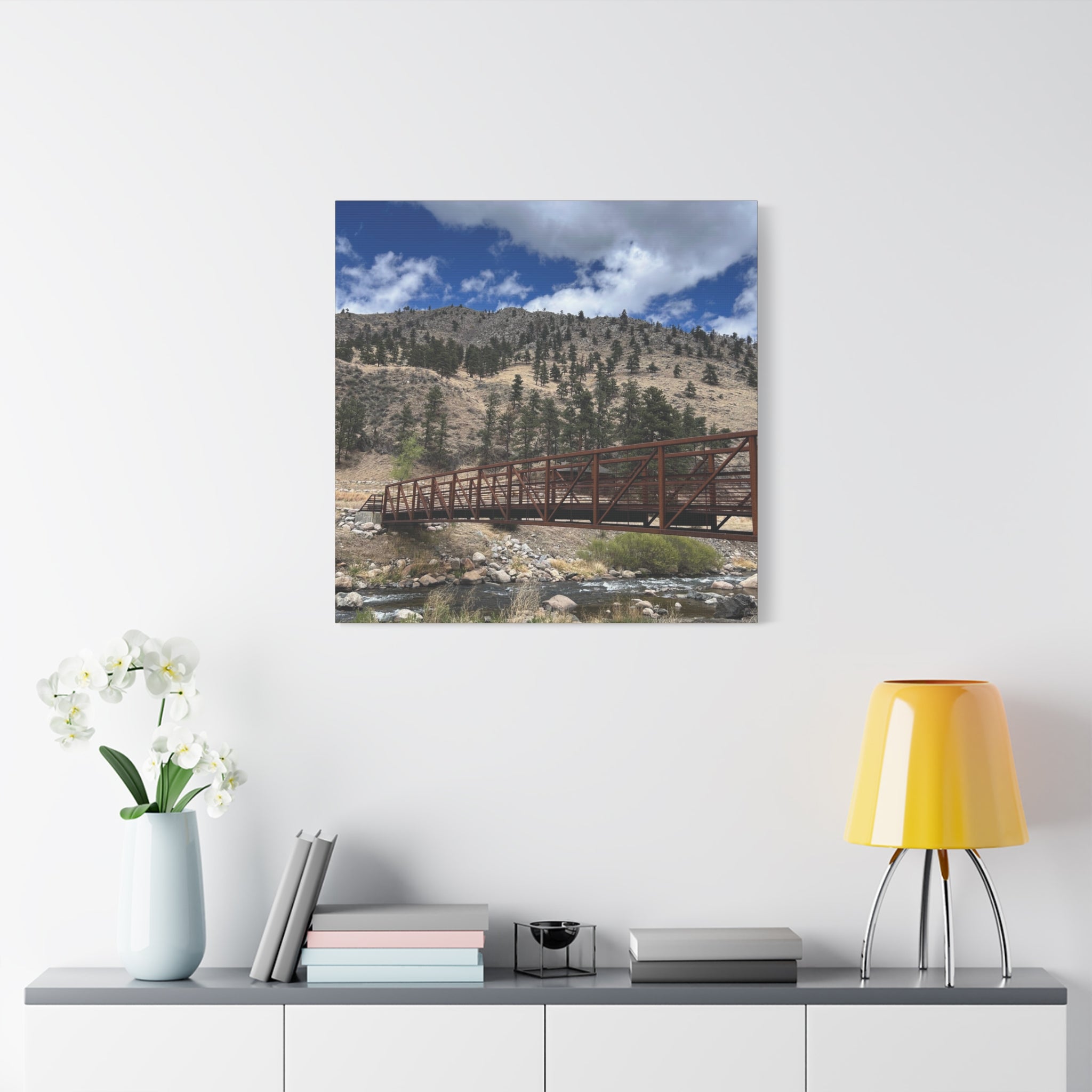 Mountain Bridge Matte Canvas Print — Scenic River & Sky Wall Art