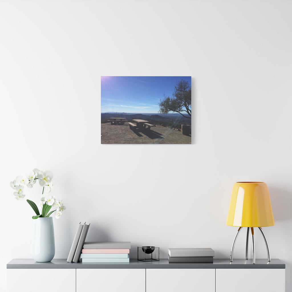 Sunlit Picnic Overlook Matte Canvas Print — Scenic Mountain View Wall Art